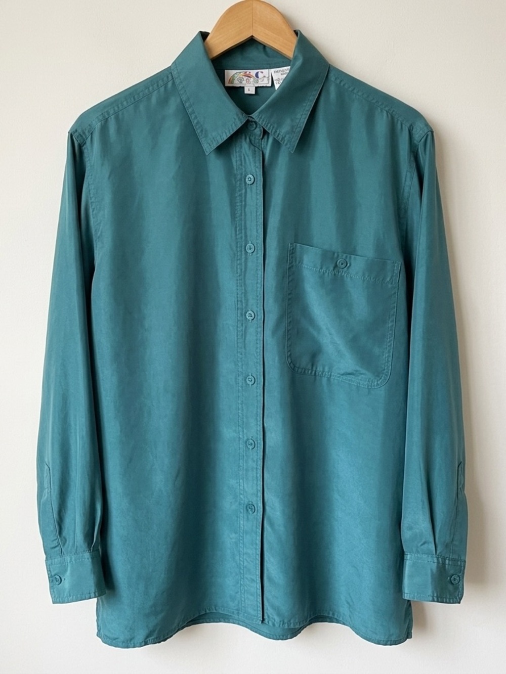 C.S.C. Los Angeles Women's Silk Teal Button-Down Shirt with Chest Pocket